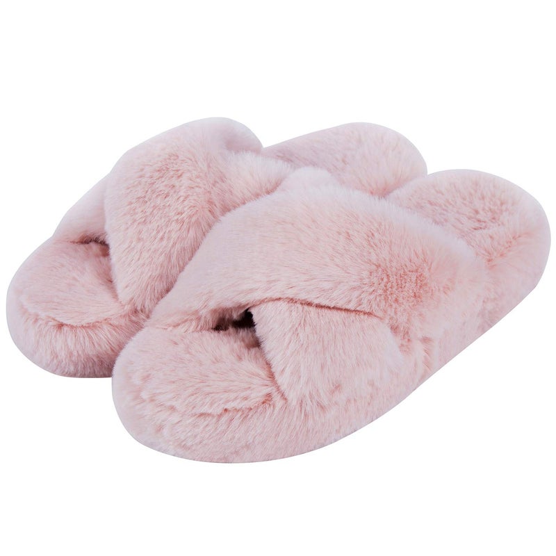 DL Fluffy Women's House Slippers - Cross Band, Open Toe, Soft Plush Fleece Bedroom Slippers, Comfy Fuzzy Non-Slip Slip On Womens Indoor Pink Gray Black White - Image 1